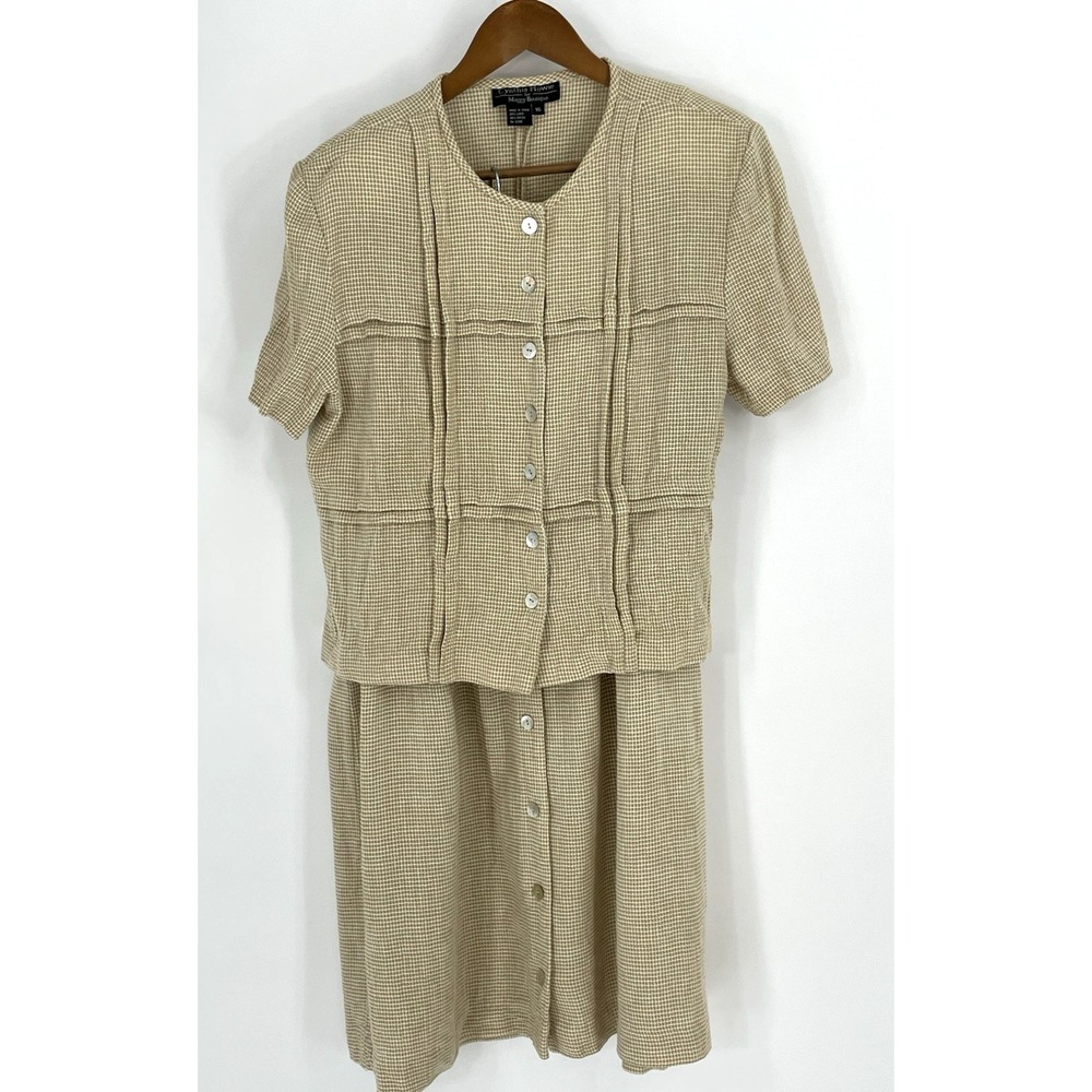 Cynthia Howie‎ 2 Piece Set Size 16 Dress Jacket Beige White Round Neck Linen